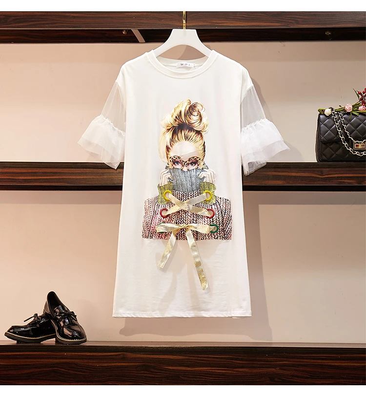 SHTONGHUA/большие размеры, S-4XL, размер, женская футболка, платье, модные очки, лоскутный принт, платья с рукавами-бабочками для девочек