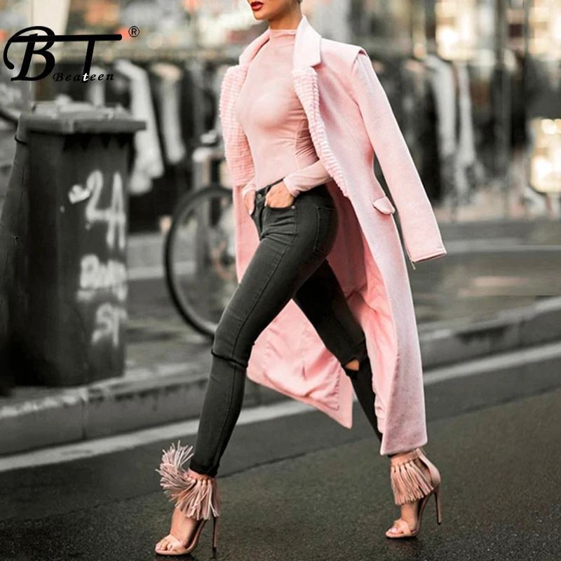 

Beateen Pink Solid Full Sleeve Long Wool Coat Party Casual Warm Outwear 2018 New Fashion Office Lady Slim