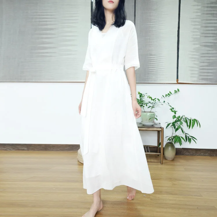 Женское длинное платье из хлопка и льна с диагональным кружевом весна лето