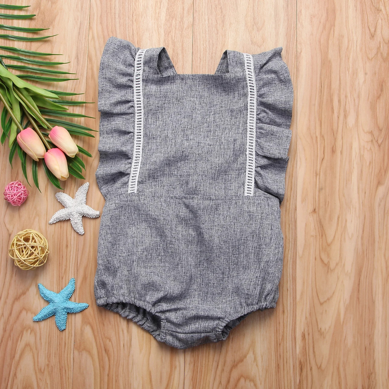 Лето 2018 комбинезон для новорожденных девочек с открытой спиной и оборками на