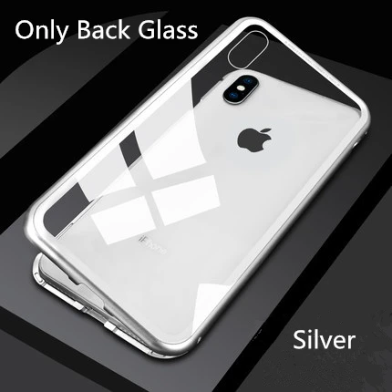 Silver Back glass Металлический магнитный чехол для телефона для iphone XR XS MAX X+ закаленное стекло 360 ° полный защитный чехол для iphone 8 7 6 6s Plus оболочка - Цвет: Silver Back glass
