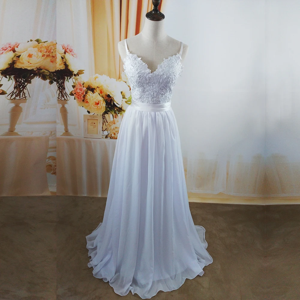 ZJ9113 2019 Белый Кот невесты платья для пляжа Свадебные бретельках кружева большие