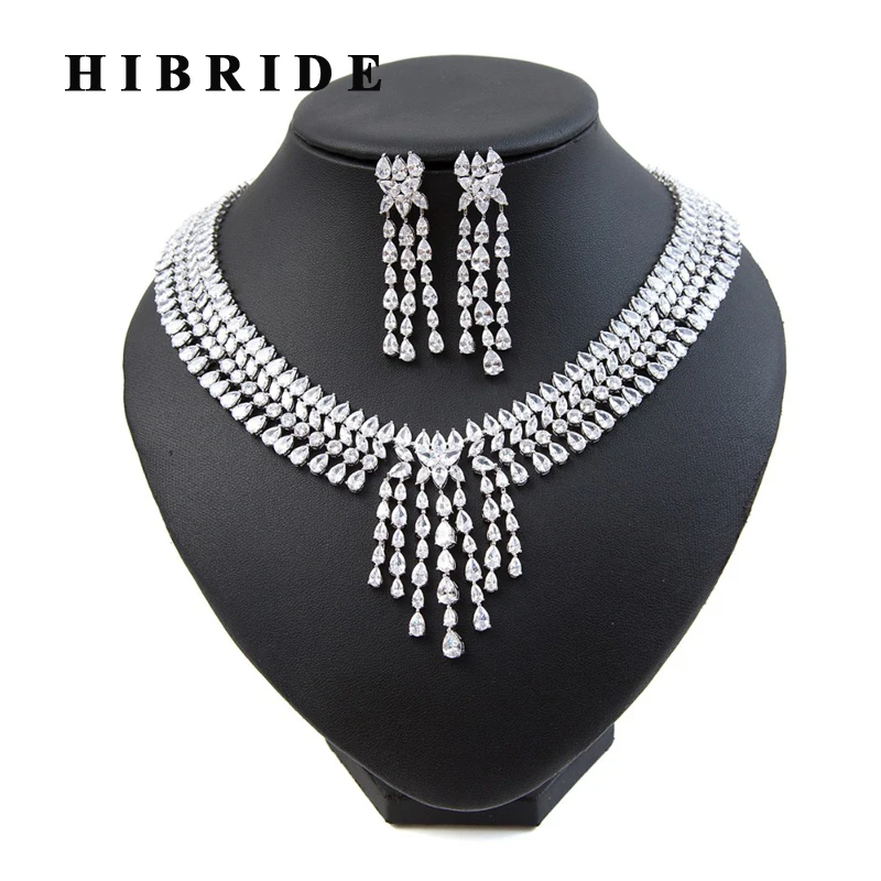HIBRIDE Новые блестящие капли воды кубического циркония кулон ожерелье серьги наборы для женщин Свадебные ювелирные изделия набор N-212