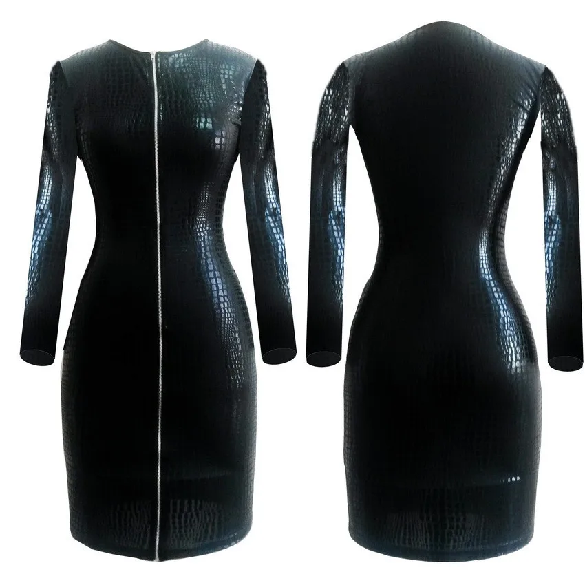 S-XXXL, женское платье из ПВХ кожи, одежда, сексуальное, черное, змеиная кожа, искусственная кожа, на молнии, платье, летнее, на молнии, облегающее платье