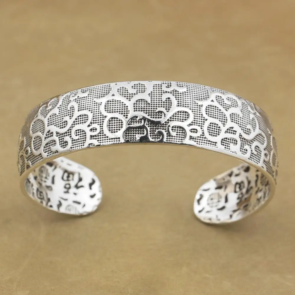 

999 Pure Silver Flower Charm Blessing Bracelet Bangle 9A016 Fits wrist: 6.1" ~ 7.3"