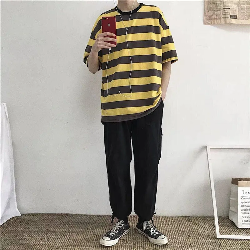 Футболка мужская летняя в полоску свободная рубашка с полурукавами японском