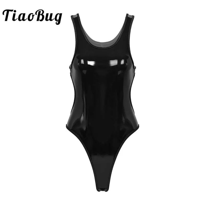TiaoBug для взрослых блестящие металлические Wetlook из искусственной кожи с открытой