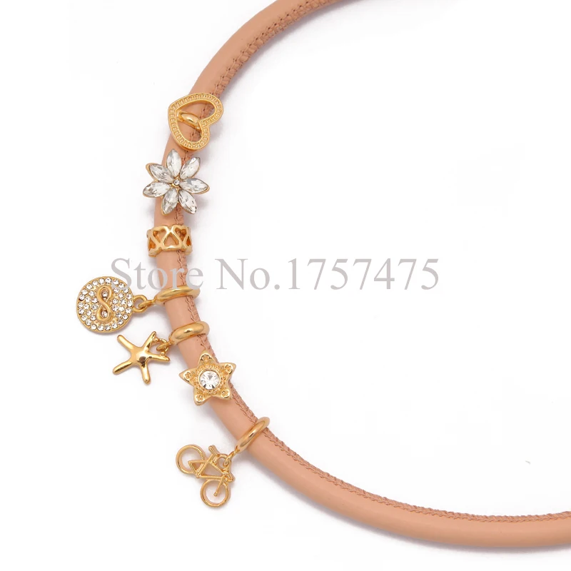 TDIYJ New Design Pink Champagne Story Bracelet with 7pcs Gold Sparkling Charms 40cm Double Layer Genuine Leather |