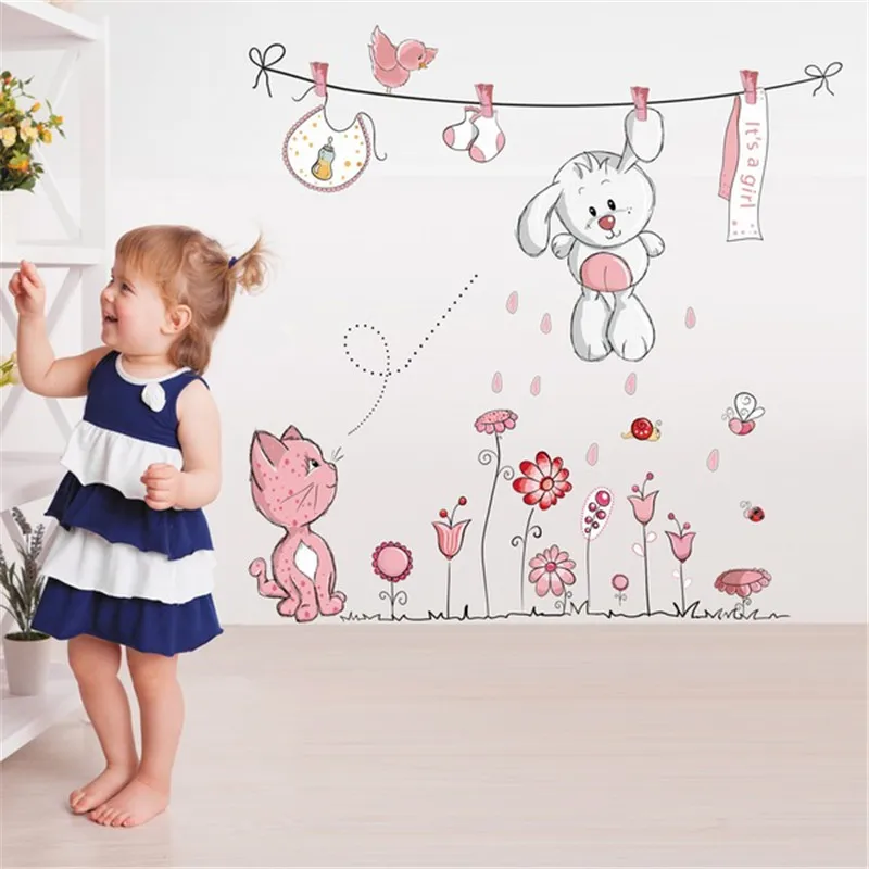 Милая висячая одежда съемная Настенная Наклейка с кроликом и котом для детского