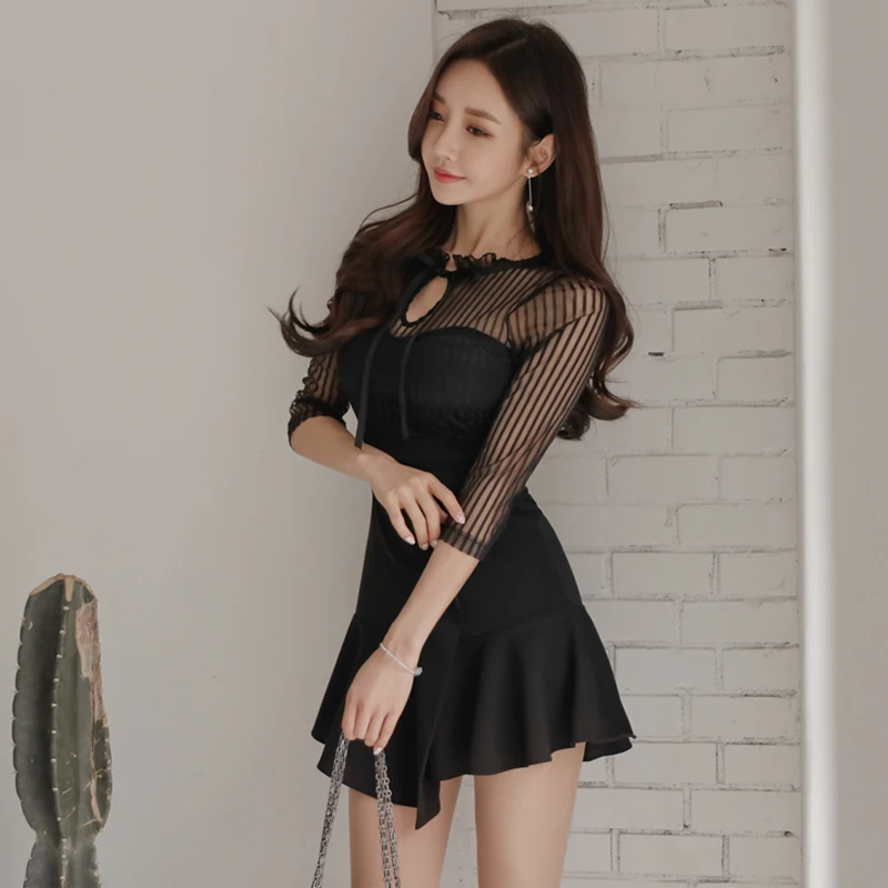 Striped Transparent Mesh Patchwork Summer Dress A-line Irregular Tie Up Women Sexy Black Party vestidos 2018 | Женская одежда