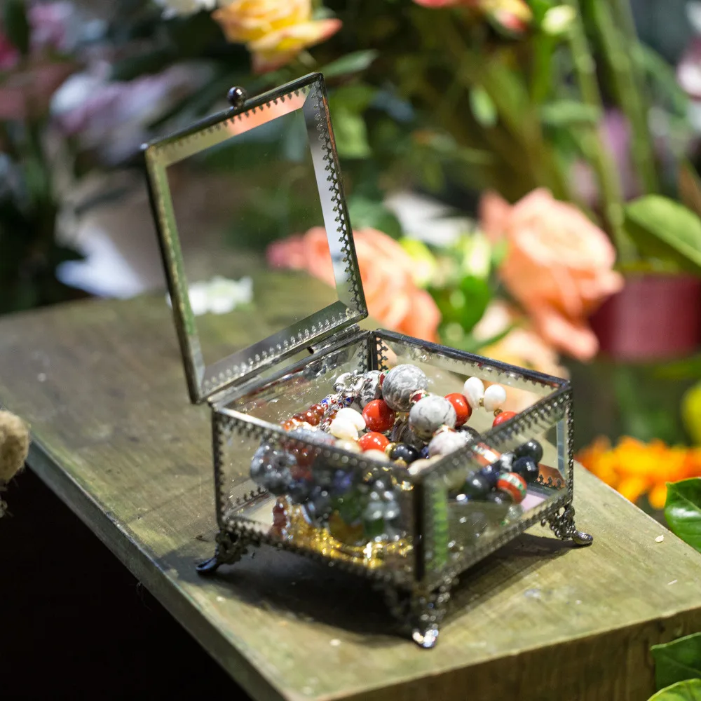 Ncyp Винтаж Грановитая Квадратные Зеркальные латунь Стекло Box ювелирные изделия