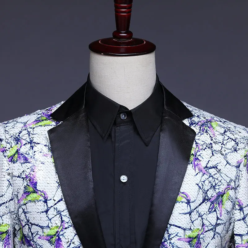 Mens White Sequin Blazer Purple Embellished Hombre Homme Glitter Jacket Men Floral Suit | Мужская одежда