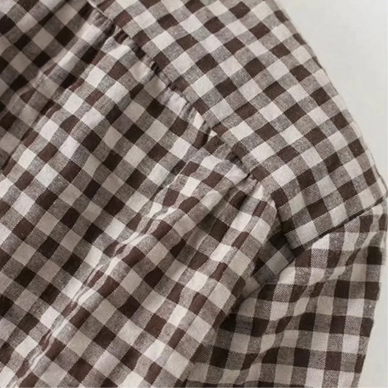Office Women Blouse Plaid Shirt Vintage Long Sleeve Stand Collar Checked Top Cotton Loose Fashion Blusa |