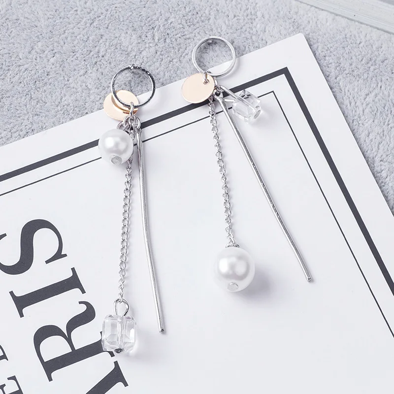 Japan and South Korea new earrings fashion asymmetrical personality long crystal Pearl Tassel female | Украшения и аксессуары