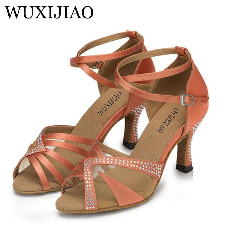 WUXIJIAO/черные, оранжевые и красные атласные Стразы для сальсы, танго, бальных танцев; обувь для латинских танцев и танцевальная обувь