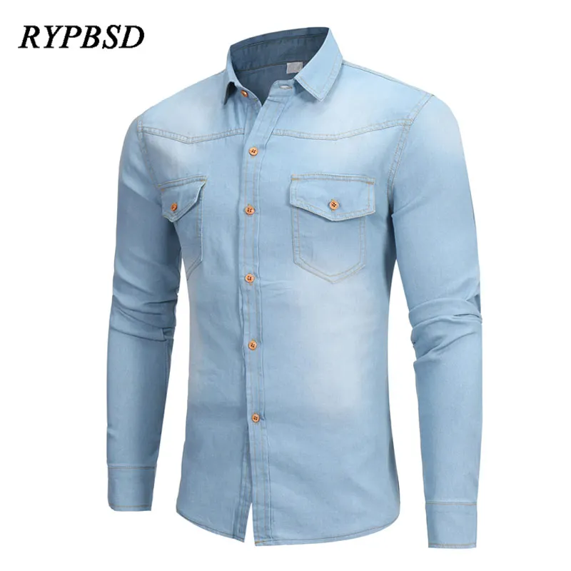 Denim Shirt Men 2022 Fashion Spring Autumn Long Sleeve Men Casual Cotton Jeans Shirt Solid Pocket Slim Fit Blue Vintage Clothes