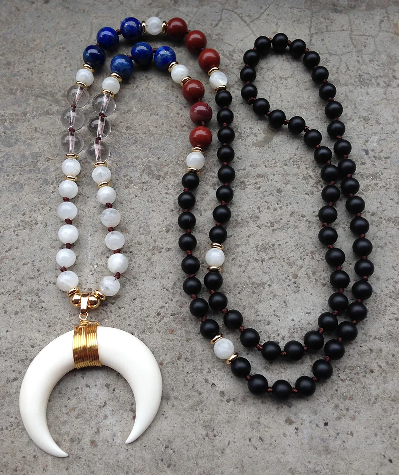 YA2435 Real Cattle Bone Moon Wire Pendant Agates Lapis Beads Knot Handmade Necklace 30inch long | Украшения и аксессуары