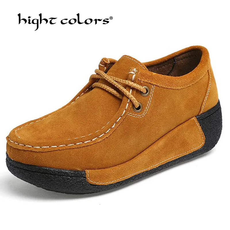 

2019 Women Cow Suede Pumps Platform Loafers Woman Creepers Lace Up Driving Moccasins Female Casual Shoes Sapato Feminino TA16-9