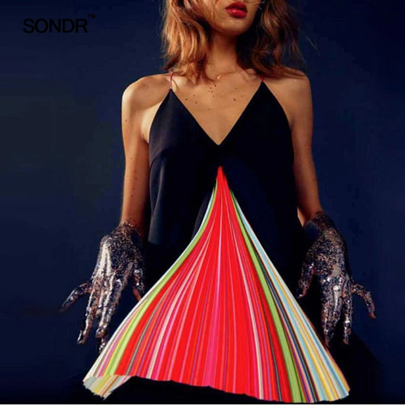 

SONDR 2019 summer advocate rainbow pleated super slim v-neck black halter dress