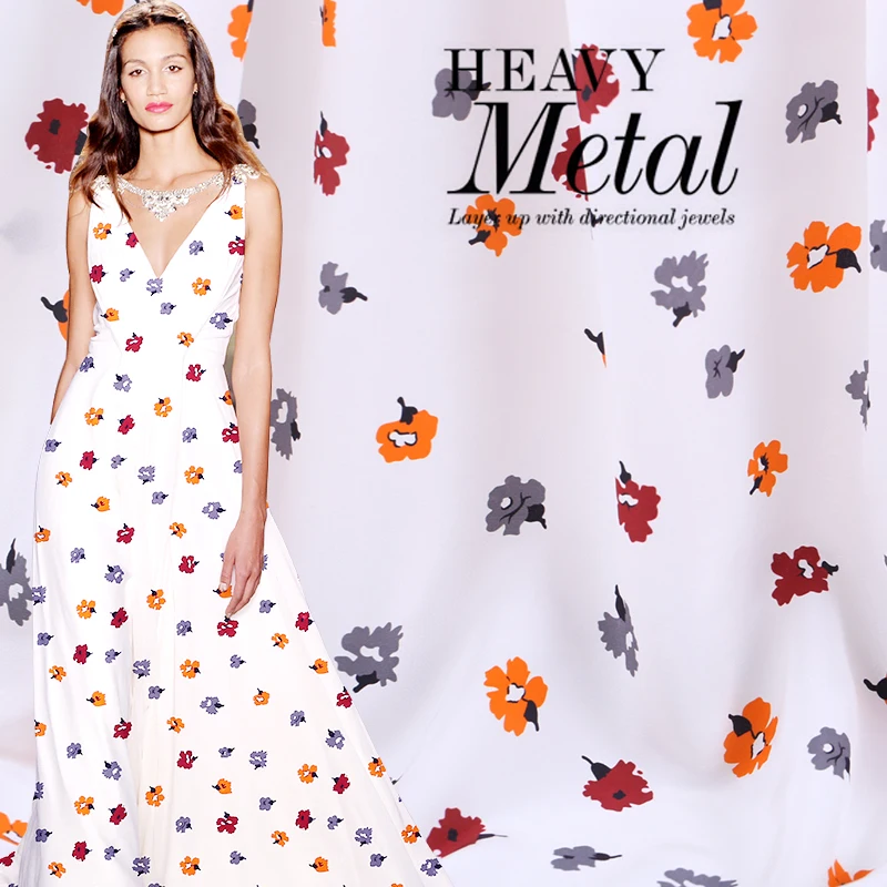 

Custom 16mm wide silk double spring and summer new white small flower digital printing silk double crepe fabric dress fabric