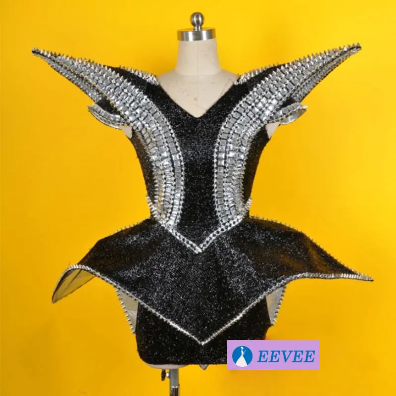 

Custom Style Black sexy female singer show costume Ds Rivet armor Rhinestones bodysuit stage dance DJ clothing Stage Outfit