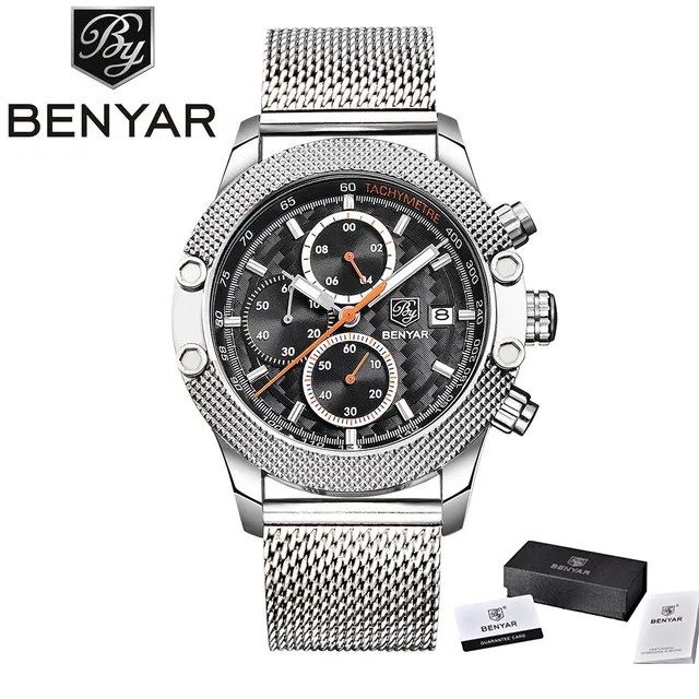 silver orange BENYAR спортивные часы с хронографом мужские с сетчатым ремешком и силиконовым ремешком водонепроницаемые Роскошные брендовые кварцевые часы золотые поддержка прямой доставки - Цвет: silver orange