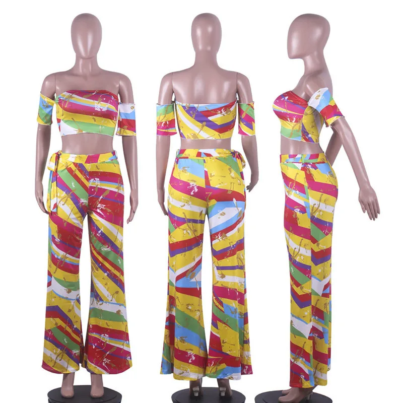 

Women's Sets Graffiti Tie-dye Print Short Sleeve Strapless Crop Top and Wide Leg Pants Set Sexy Party Two Piece Outfits Clubwear