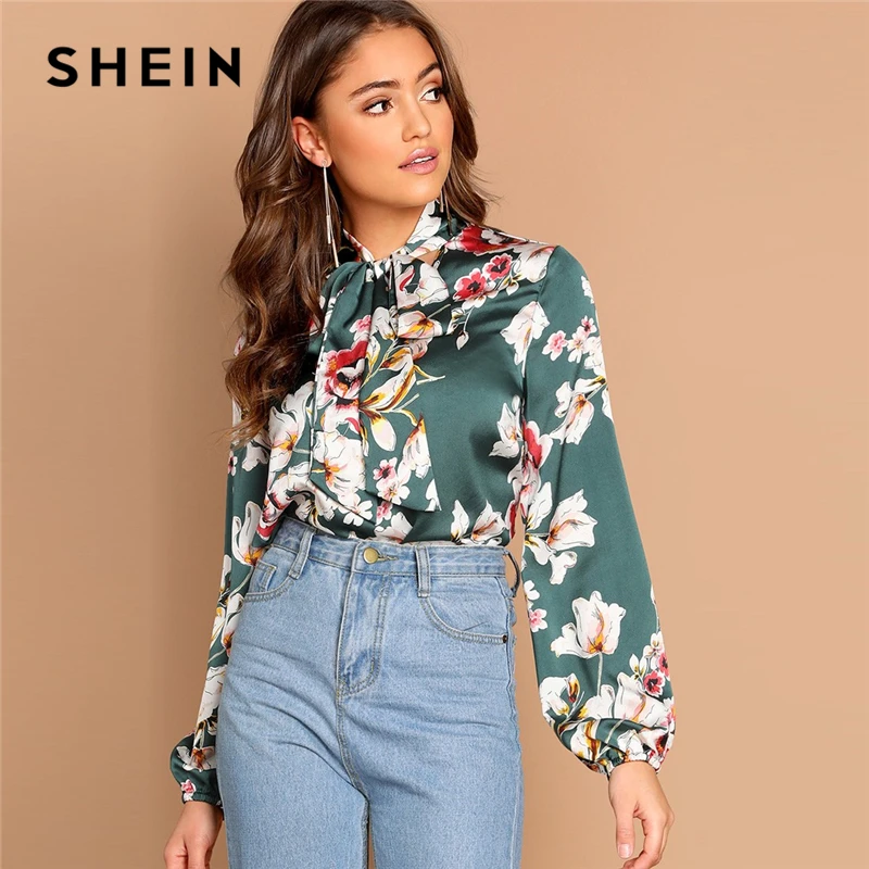 SHEIN Нарядная Атласная Блузка С Цветочным Принтом Блузка С Длинным Рукавом И Бантом