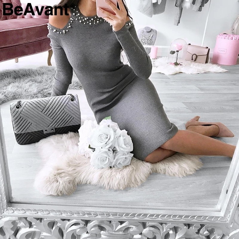 BeAvant элегантное вязаное платье с открытыми плечами женское осеннее свитер