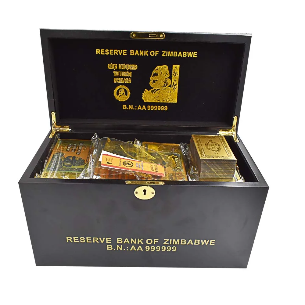 

1200pcs Zimbabwe 100 Trillion Dollars Gold Banknotes In Box with 120pcs COA Fake Money Bills for Holiday Gifts By Fast Shipping