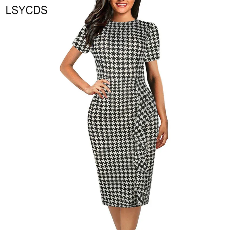 LSYCDS 2020 Summer Bodycon Dresses for Woman Elegant Casual Office Dress Short Sleeve Knee Length Pencil Polka Dot | Женская одежда