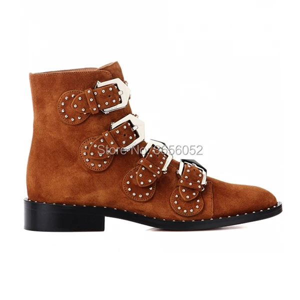 Qianruiti Botas Mujer Leather Suede Low Heel Ankle Boots For Women Autumn Shoes Casual Stone-Studded Buckle Straps Bota Feminina | Обувь