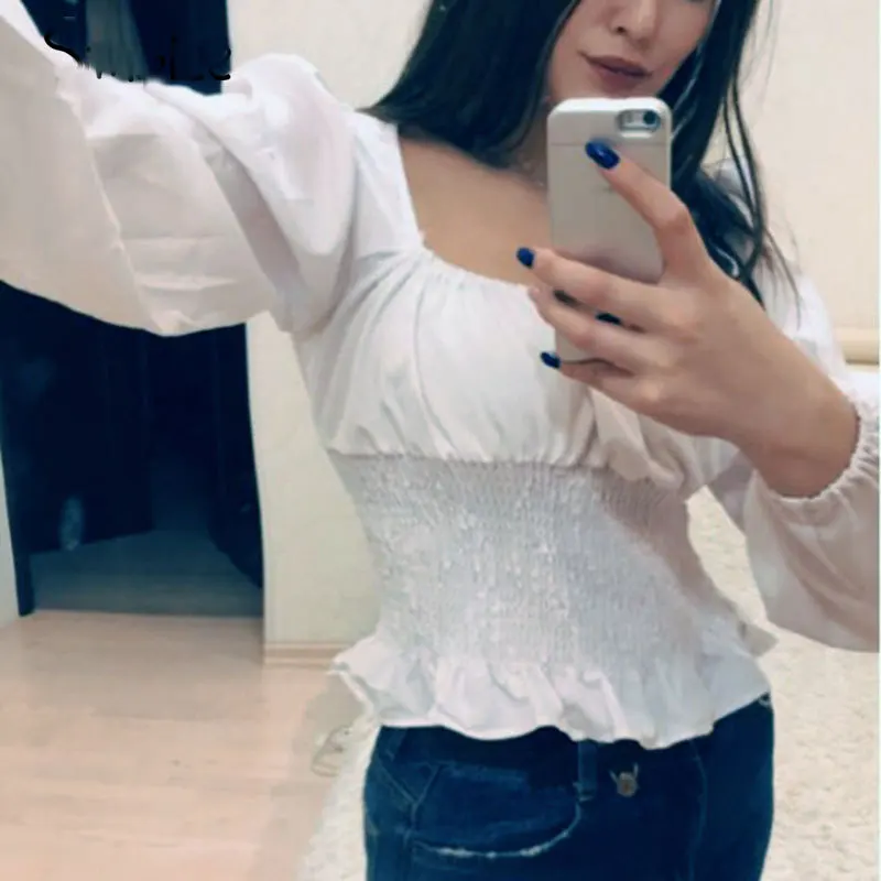 Women Autumn Casual Solid Long Sleeve Square Tops Blouse Sexy Bandage Slim Office Ladies Shirts blusas mujer de moda Plus Size