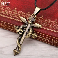 hsic dropshipping unique design antique bronze metal necklace cross snake pendant rope chain cosplay animal jewelry 10480