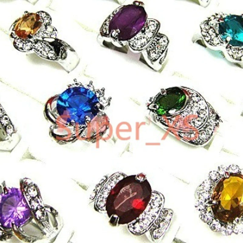 10 шт. классические кольца с серебряным покрытием из горного хрусталя и циркония
