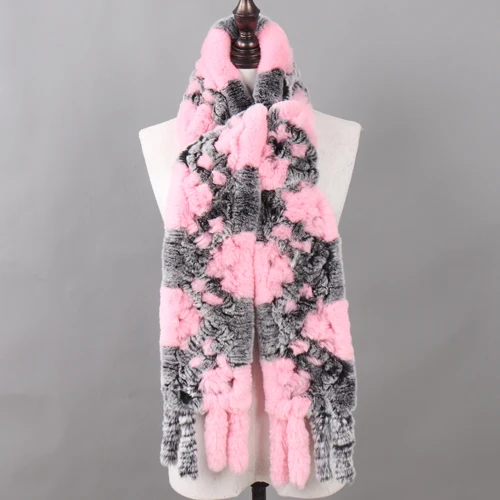 PINK AND GREY Женский Настоящий мех кролика, длинные шарфы, женские зимние теплые натуральный мех кролика Рекс, вязаные шарфы с кисточками, клетчатые шали из натурального меха - Цвет: PINK AND GREY