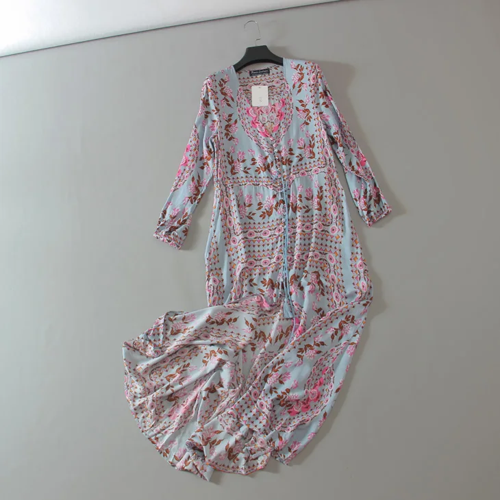 Цветочное богемное платье 2018 летнее с длинным рукавом v образным вырезом и