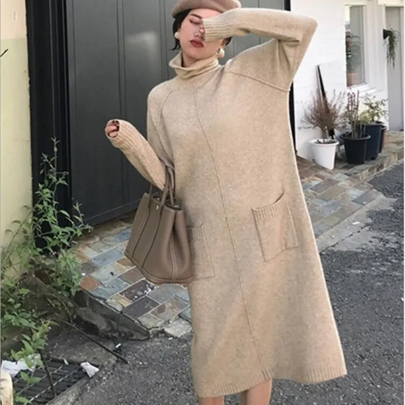 2019 women's spring and autumn winter long-sleeved sweater dress pullover straight knit loose warm casual pocket clothes | Женская