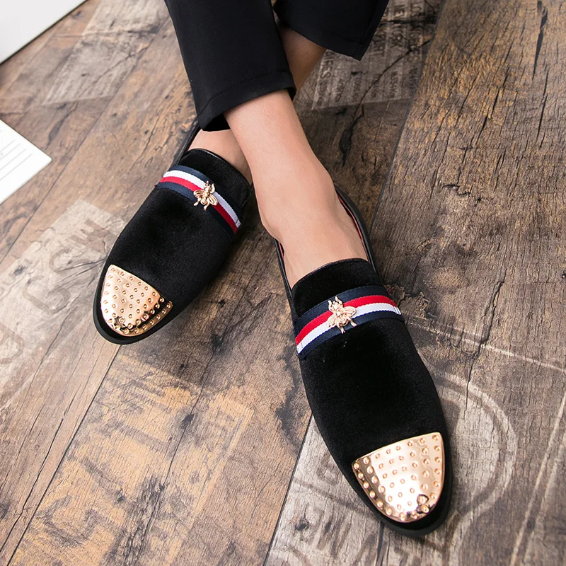 Brand Bee Men Loafers Shoes Rivets Leisure Designer Pointed Toe Velvet Party Lazy Flat Driving Footwear | Спорт и развлечения