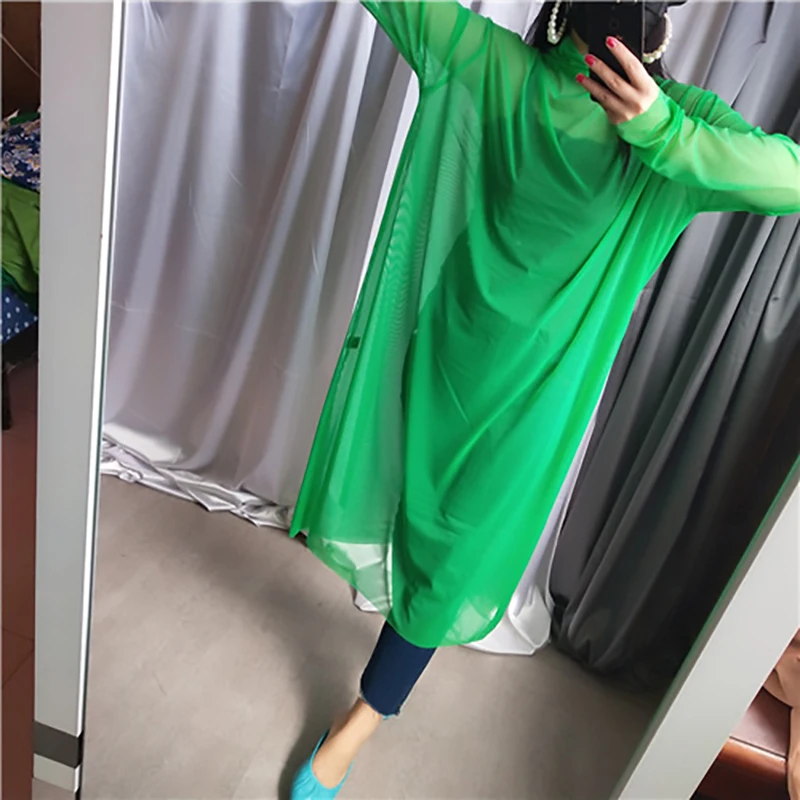 [EAM] New Autumn Winter High Collar Long Sleeve Black Mesh Perspective Colorful Long Big Size Dress Women Fashion JU790