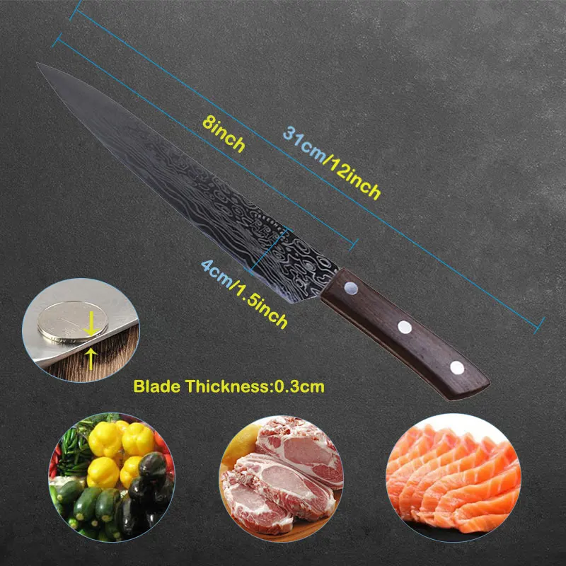 8 inch FHEAL кухонный нож поварские ножи 8 9 10 дюймов 3Cr13 высокоуглеродистая Нержавеющая сталь имитация Дамасского овощей нож сантоку - Цвет: 8 inch