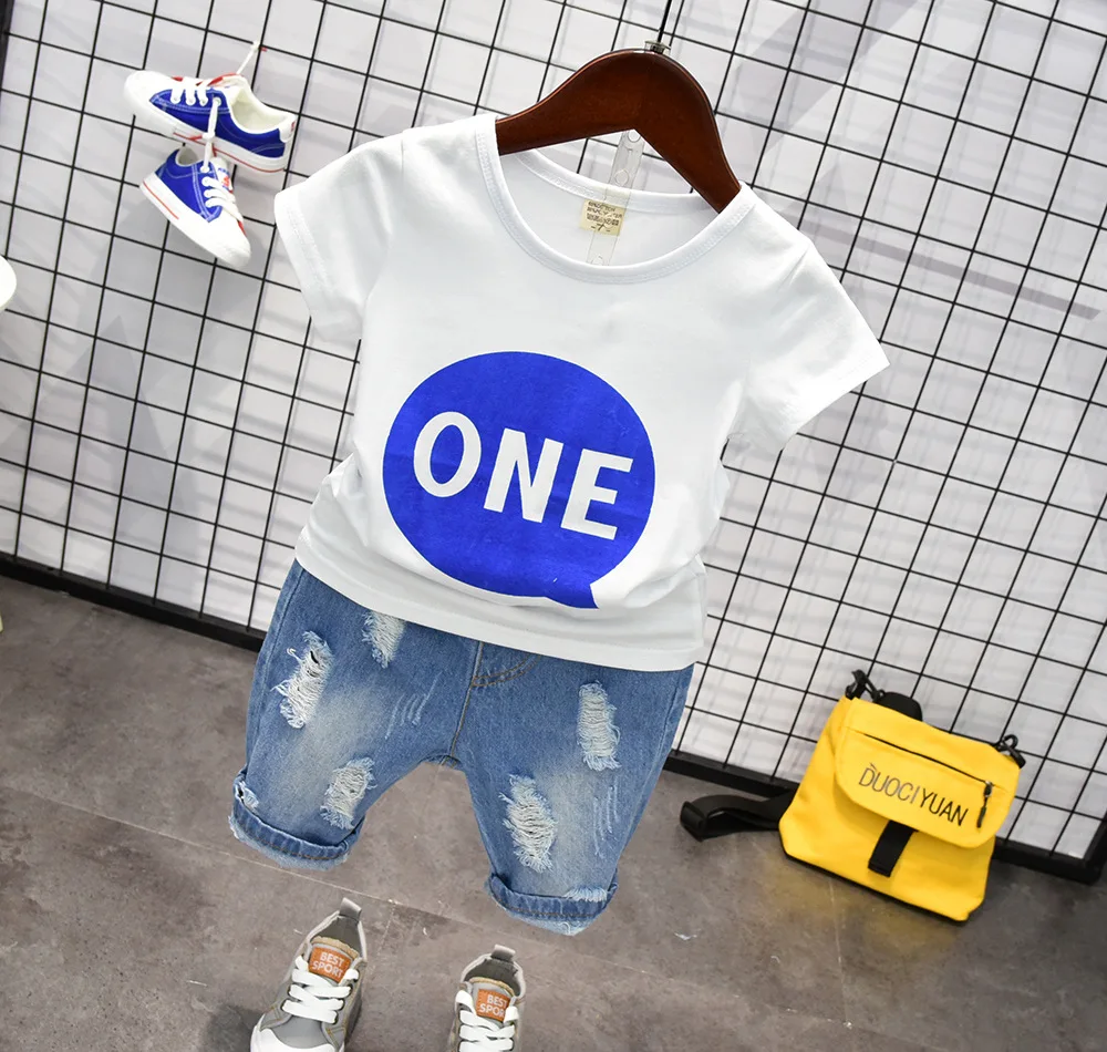 

2PCS WLG boys causal clothing set kids boy white black letter t shirt and holes denim blue shorts set children clothes