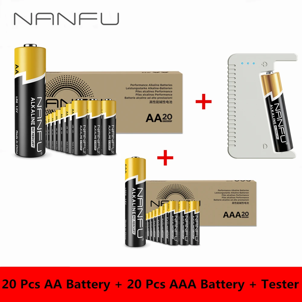 NANFU 40 шт. щелочной аккумулятор(20 аккумулятор aa+ 20 аккумулятор aaa) с батарея тестер LR03 950 мАч LR06 2100 мАч 1.5 В 2A 3A акб комплект