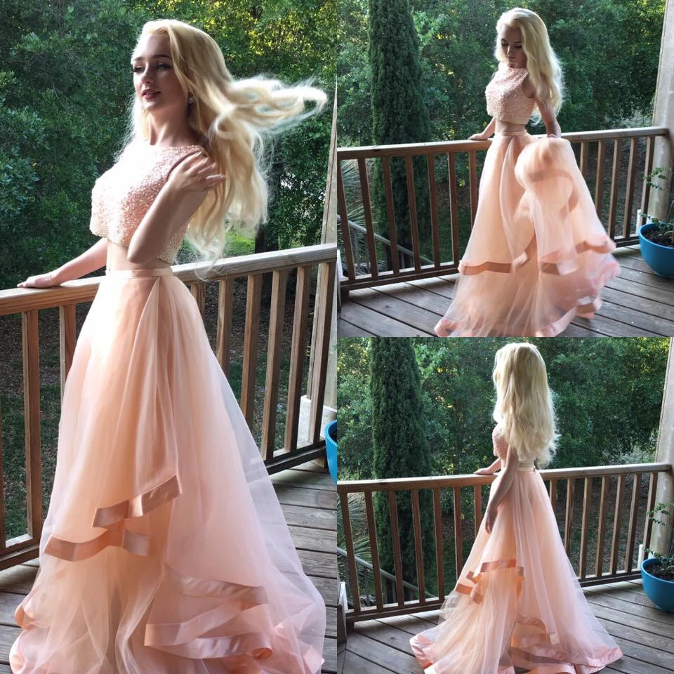 

New Arrival 2 Pieces Prom Dresses Scoop Light Pink Sleeveless A-Line Floor Length Beading Tulle Party Dresses Evening Dress
