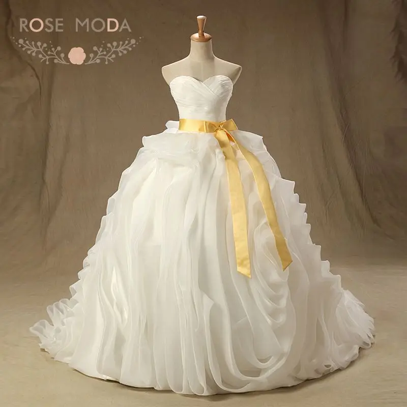 

Rose Moda 3D Ruffled Organza Wedding Ball Gown with Gold Sash Lace Up Back Plus Size Wedding Dress for Church Real Photos