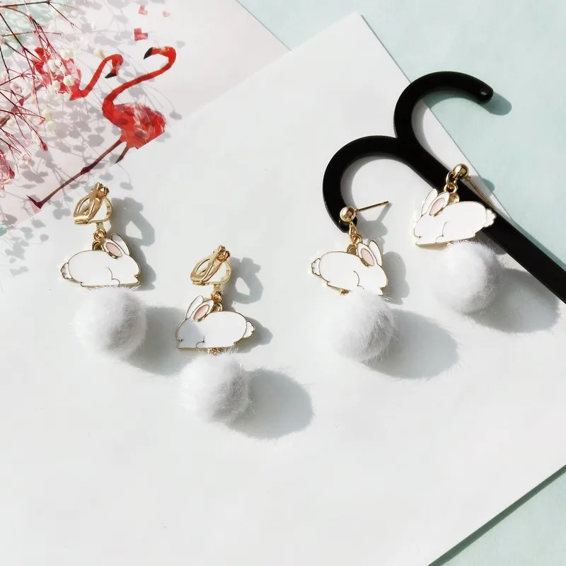 Brincos Para As Mulheres Qiu Dong Earrings Japan And South Korea Girl Sweet Ins Cute Animals Rabbit Hair Bulb Stud | Украшения и
