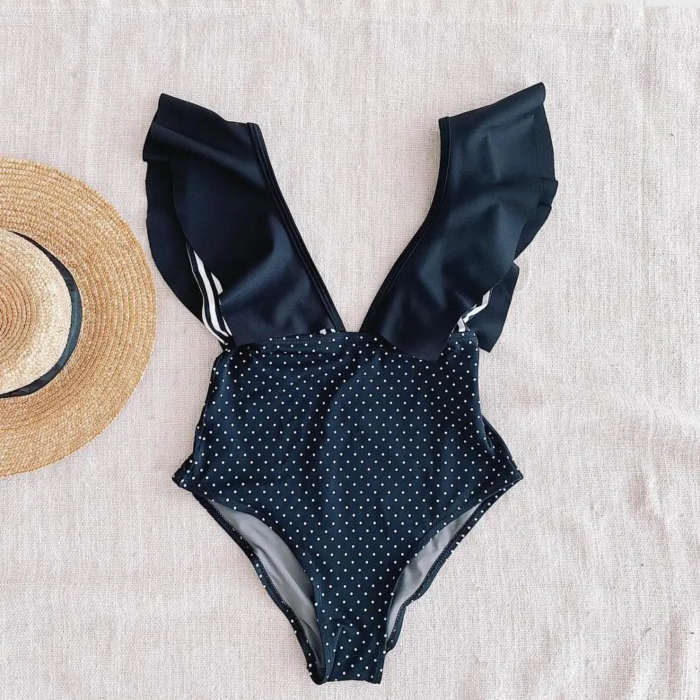 Женский Цельный купальник с рюшами в горошек монокини полоску оборками