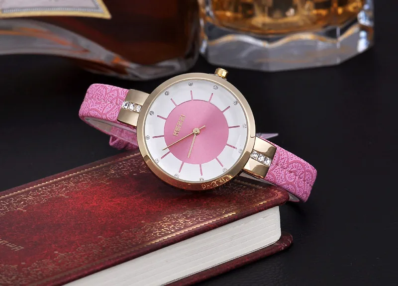 pink watch KEZZI Брендовые женские наручные часы с кожаным ремешком, модные инкрустационные стразы, Простой циферблат, японский кварцевый механизм, женские часы - Цвет: pink watch