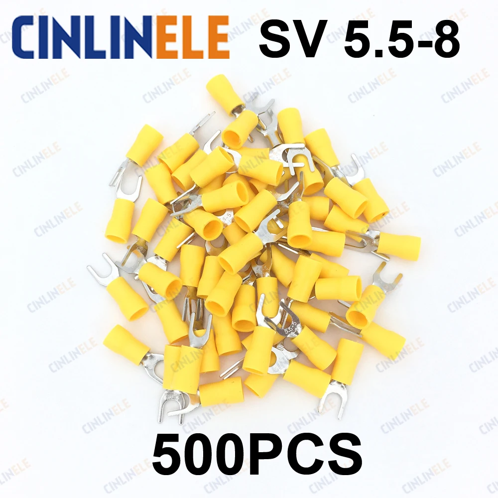 

500pcs/lot Crimp Terminal SV 5.5-8 AWG12-10 2.63-6.64mm^2 Crimp Fork Spade terminals Fork Terminal Brass SV5.5-8