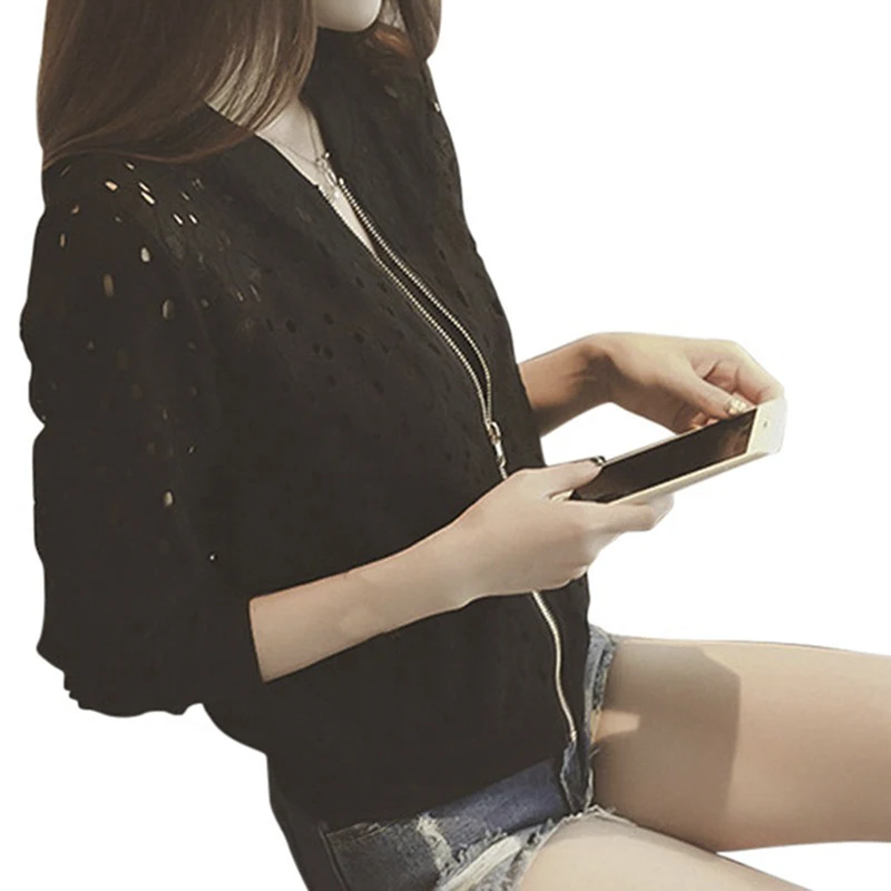

Thin Hollow Out Lace Long-sleeved Jacket Zipper Korean Version Slim White Rash Guards Female Short Zipper Baseball Jacket Coat